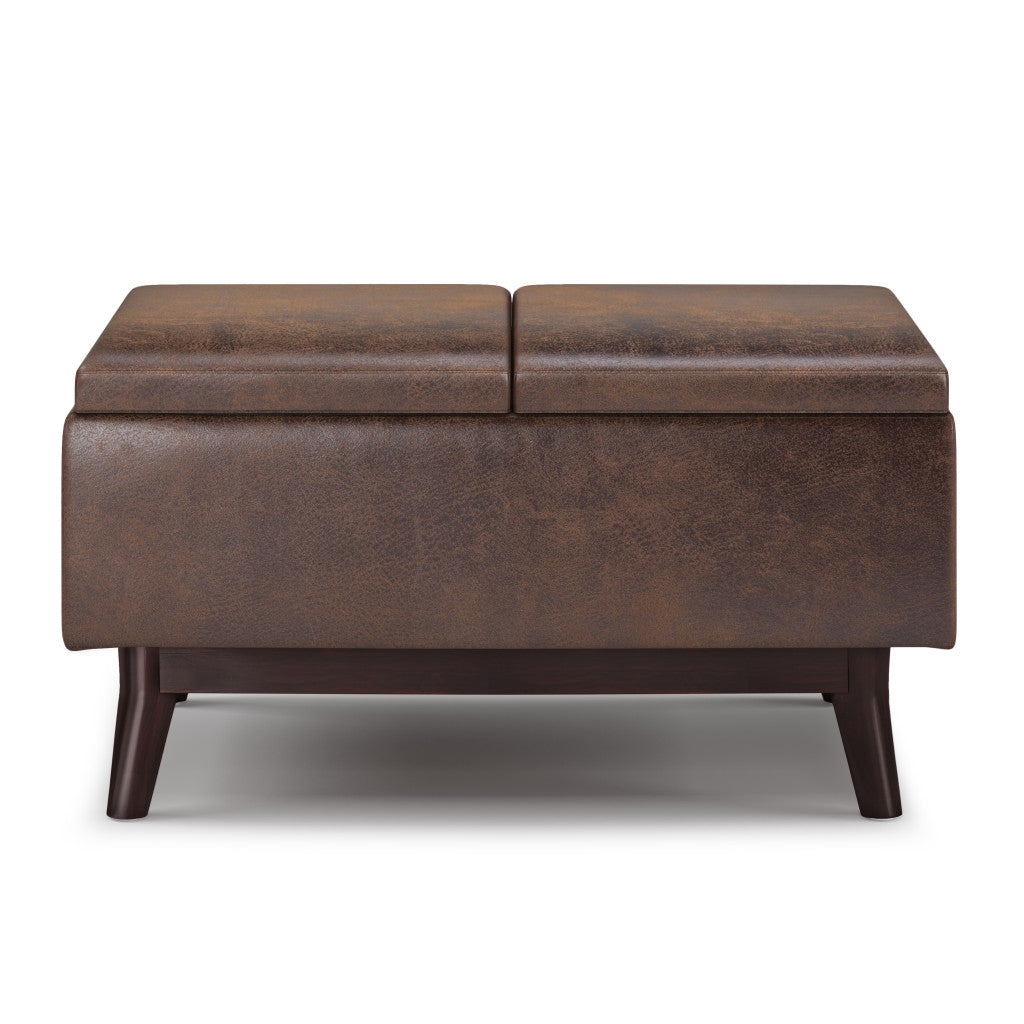 34" Chestnut And Brown Faux Leather Ottoman With Storage