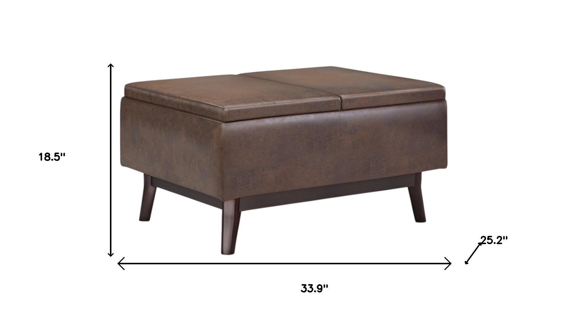 34" Chestnut And Brown Faux Leather Ottoman With Storage