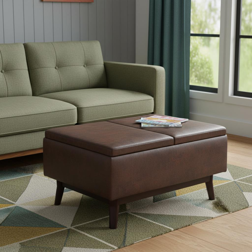 34" Chestnut And Brown Faux Leather Ottoman With Storage
