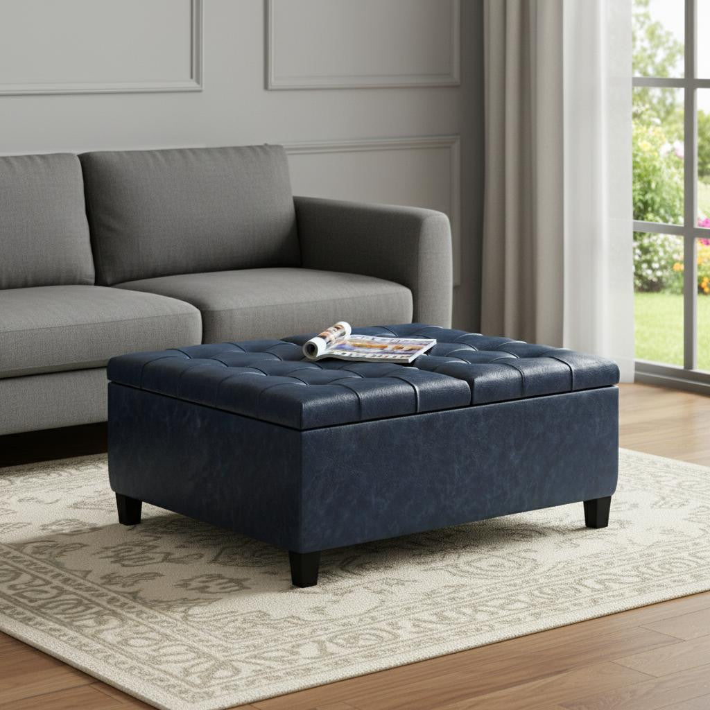 36" Denim Blue And Espresso Faux Leather Tufted Ottoman With Storage