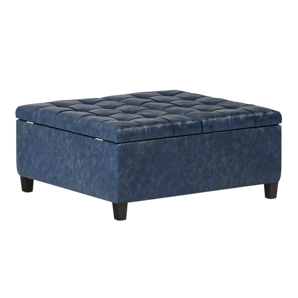 36" Denim Blue And Espresso Faux Leather Tufted Ottoman With Storage