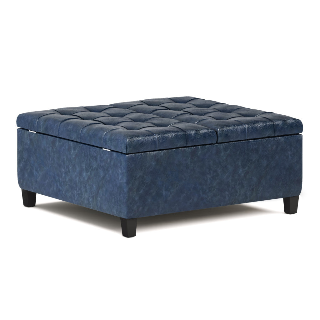36" Denim Blue And Espresso Faux Leather Tufted Ottoman With Storage