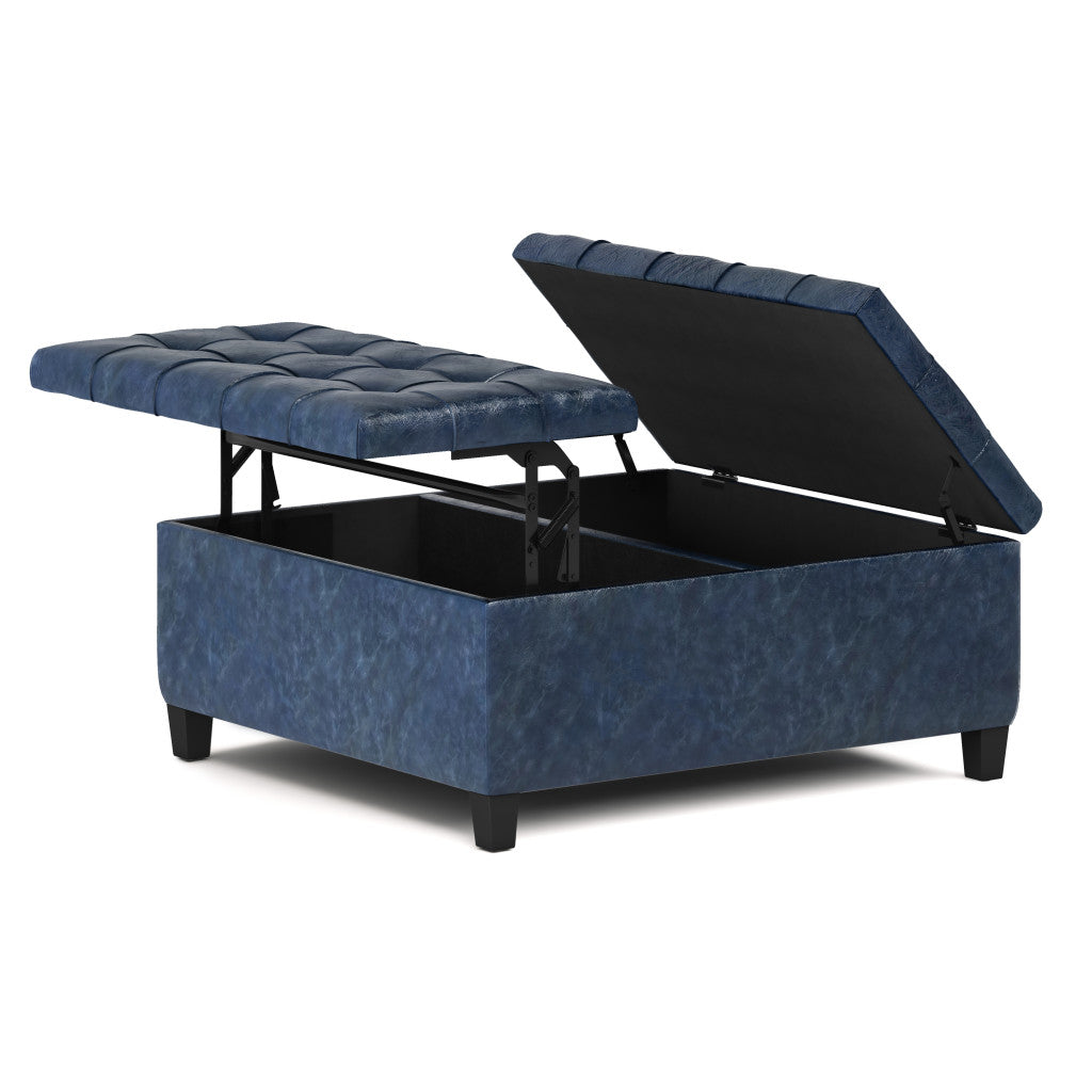 36" Denim Blue And Espresso Faux Leather Tufted Ottoman With Storage