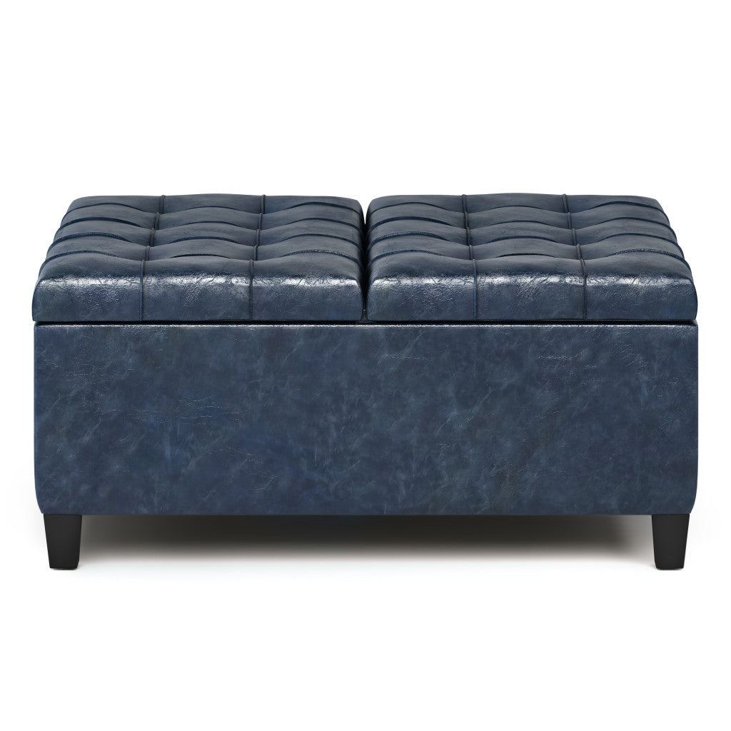 36" Denim Blue And Espresso Faux Leather Tufted Ottoman With Storage