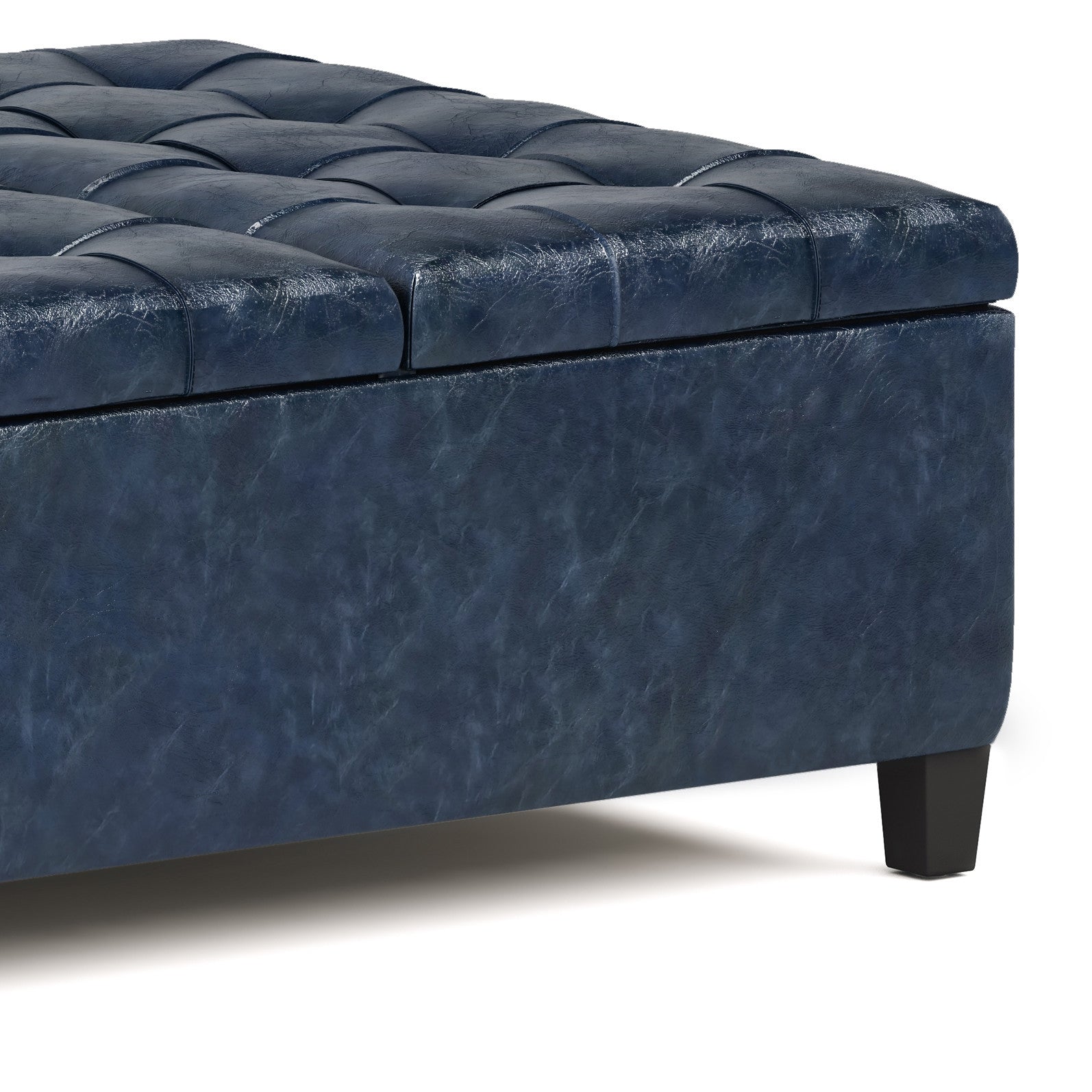 36" Denim Blue And Espresso Faux Leather Tufted Ottoman With Storage