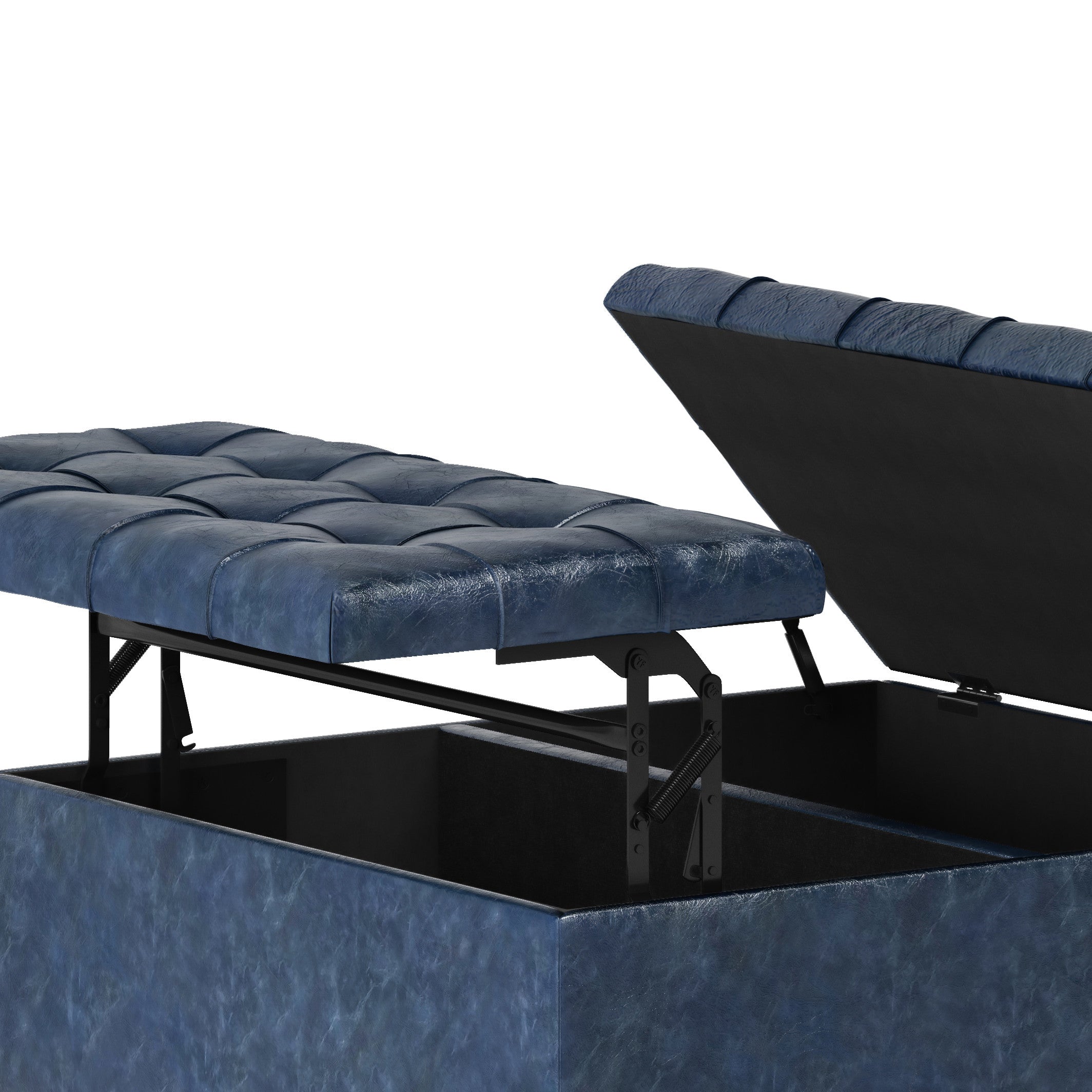 36" Denim Blue And Espresso Faux Leather Tufted Ottoman With Storage