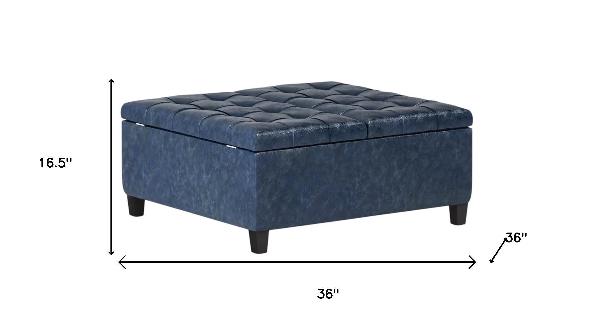 36" Denim Blue And Espresso Faux Leather Tufted Ottoman With Storage