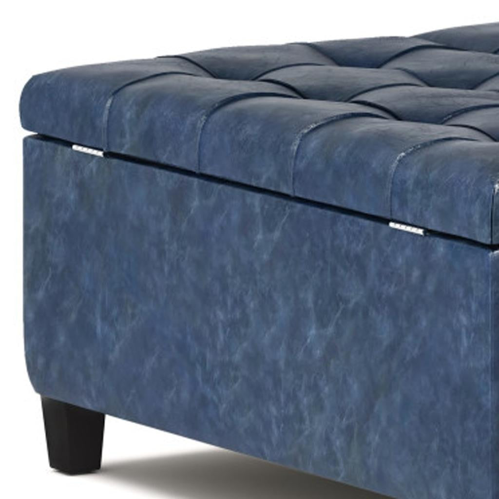 36" Denim Blue And Espresso Faux Leather Tufted Ottoman With Storage