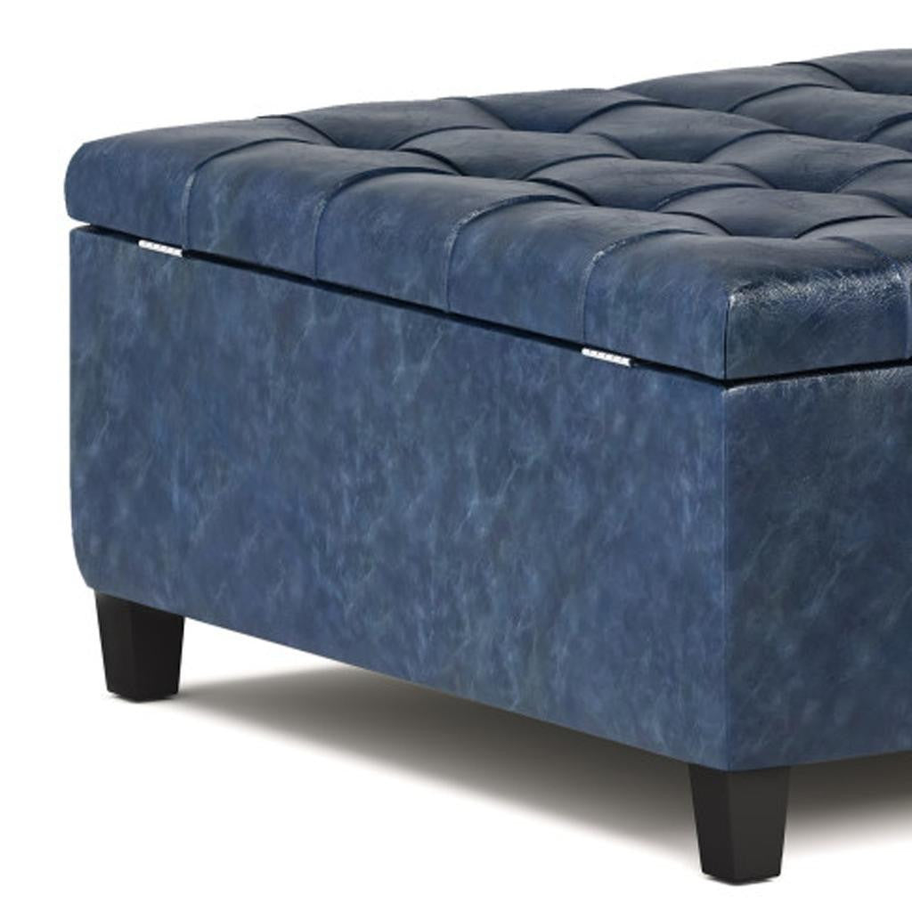 36" Denim Blue And Espresso Faux Leather Tufted Ottoman With Storage