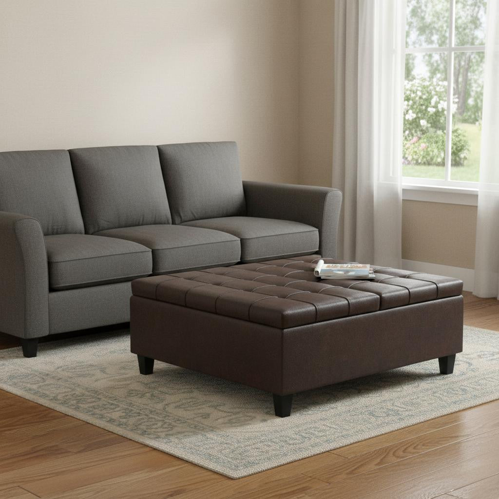 40" Brown Faux Leather Tufted Ottoman With Storage