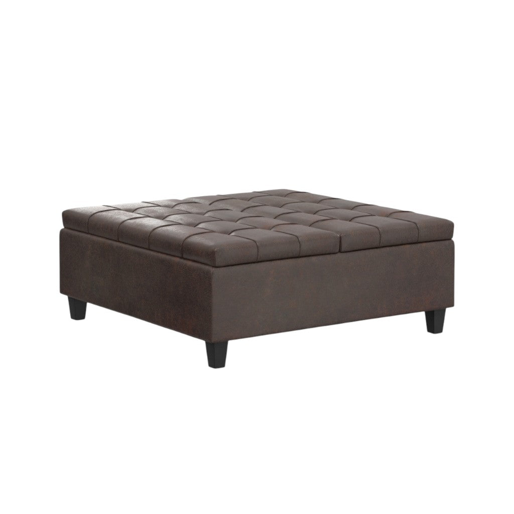 40" Brown Faux Leather Tufted Ottoman With Storage
