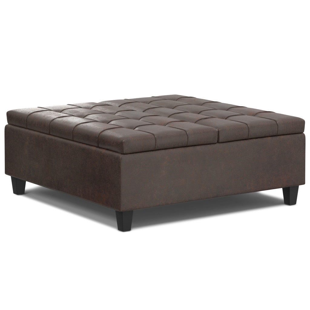 40" Brown Faux Leather Tufted Ottoman With Storage