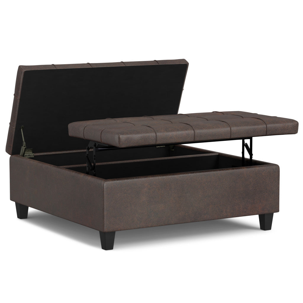 40" Brown Faux Leather Tufted Ottoman With Storage
