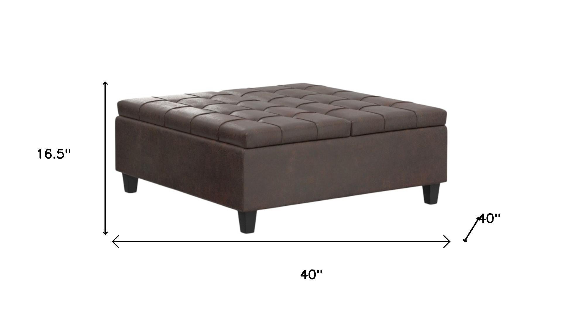 40" Brown Faux Leather Tufted Ottoman With Storage