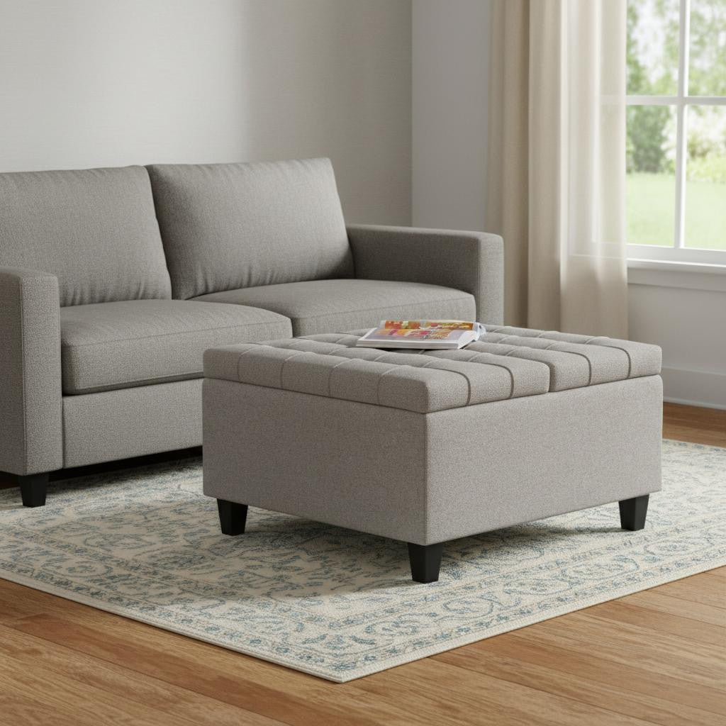30" Gray And Brown Upholstery Tufted Ottoman With Storage