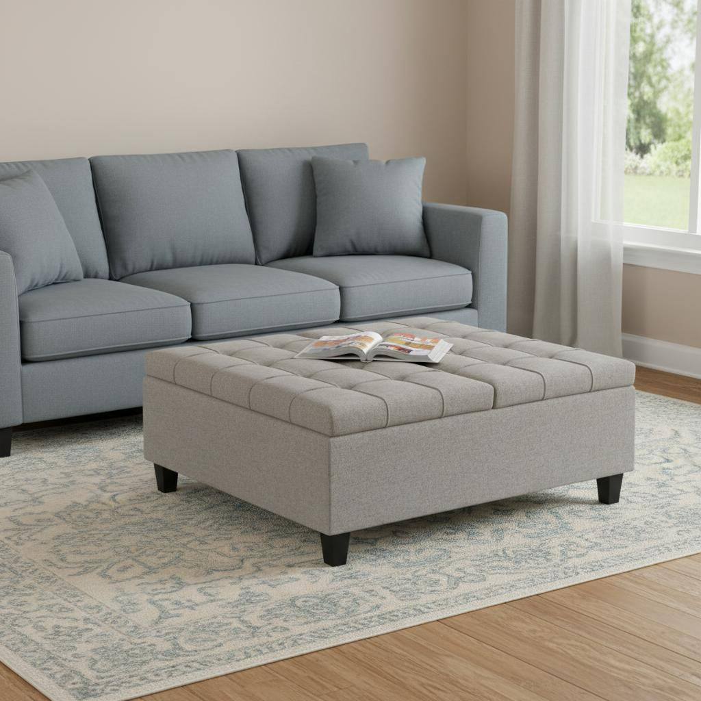 40" Cloud And Brown Upholstery Tufted Ottoman With Storage