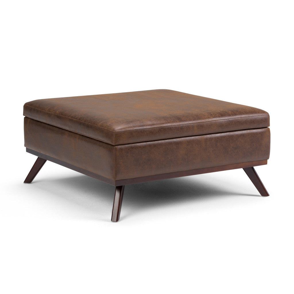 36" Chestnut And Brown Faux Leather Ottoman With Storage