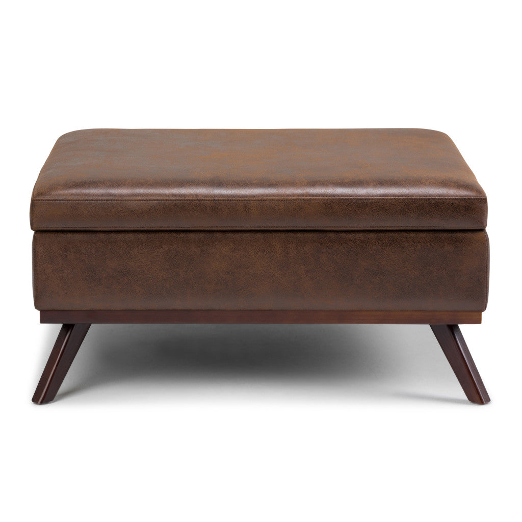 36" Chestnut And Brown Faux Leather Ottoman With Storage