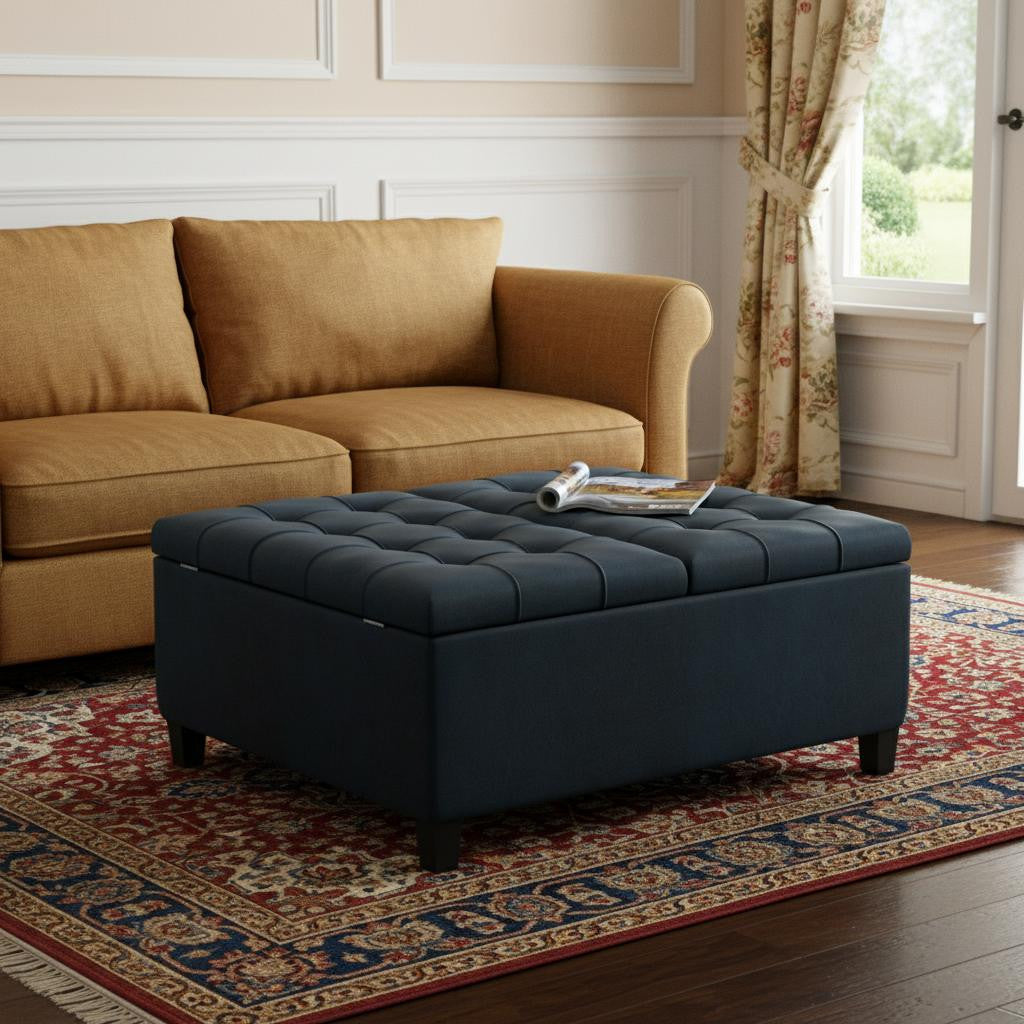 36" Dark Blue And Espresso Faux Leather Tufted Ottoman With Storage