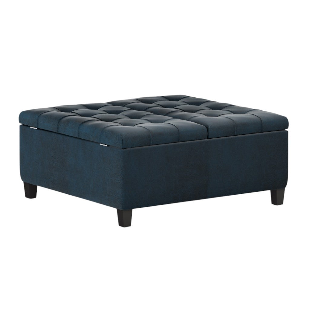 36" Dark Blue And Espresso Faux Leather Tufted Ottoman With Storage