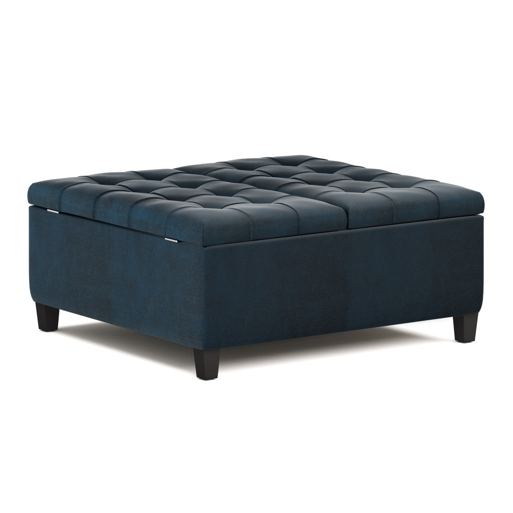 36" Dark Blue And Espresso Faux Leather Tufted Ottoman With Storage