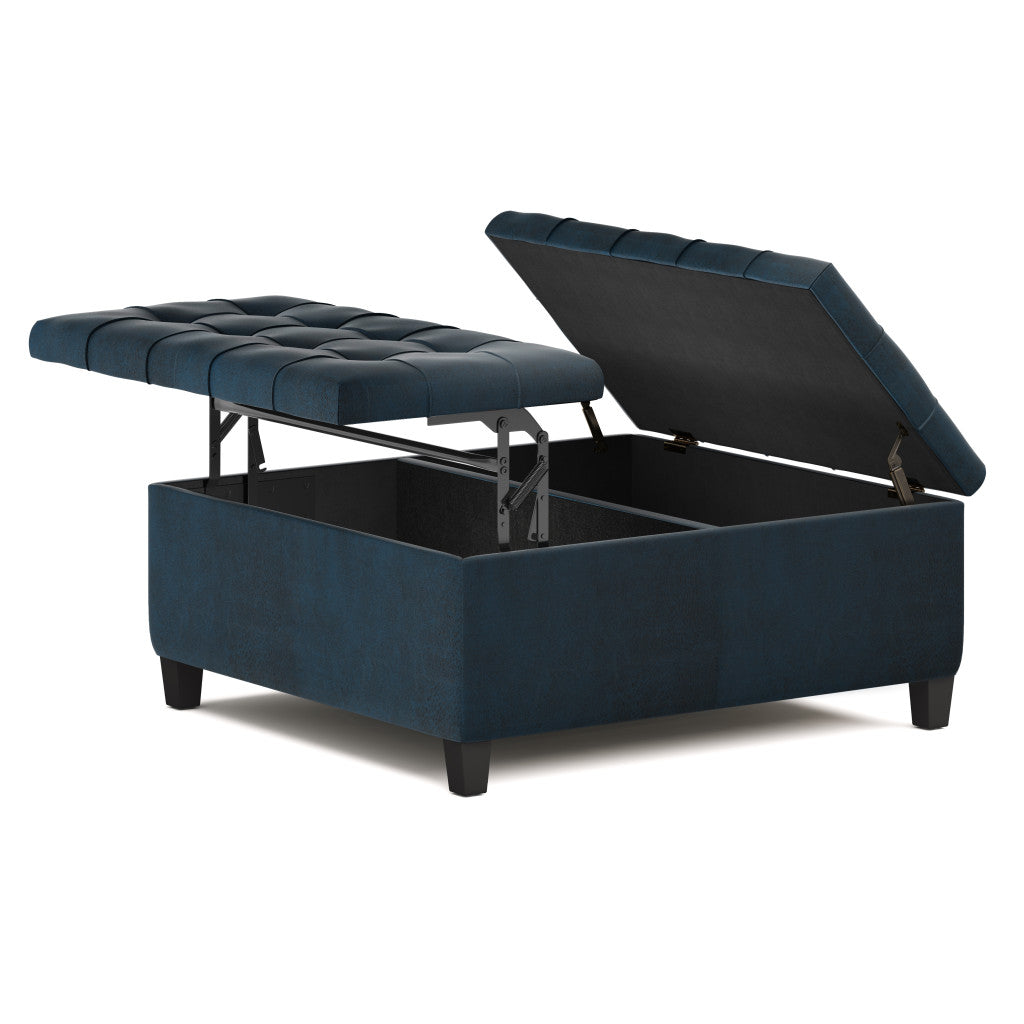 36" Dark Blue And Espresso Faux Leather Tufted Ottoman With Storage