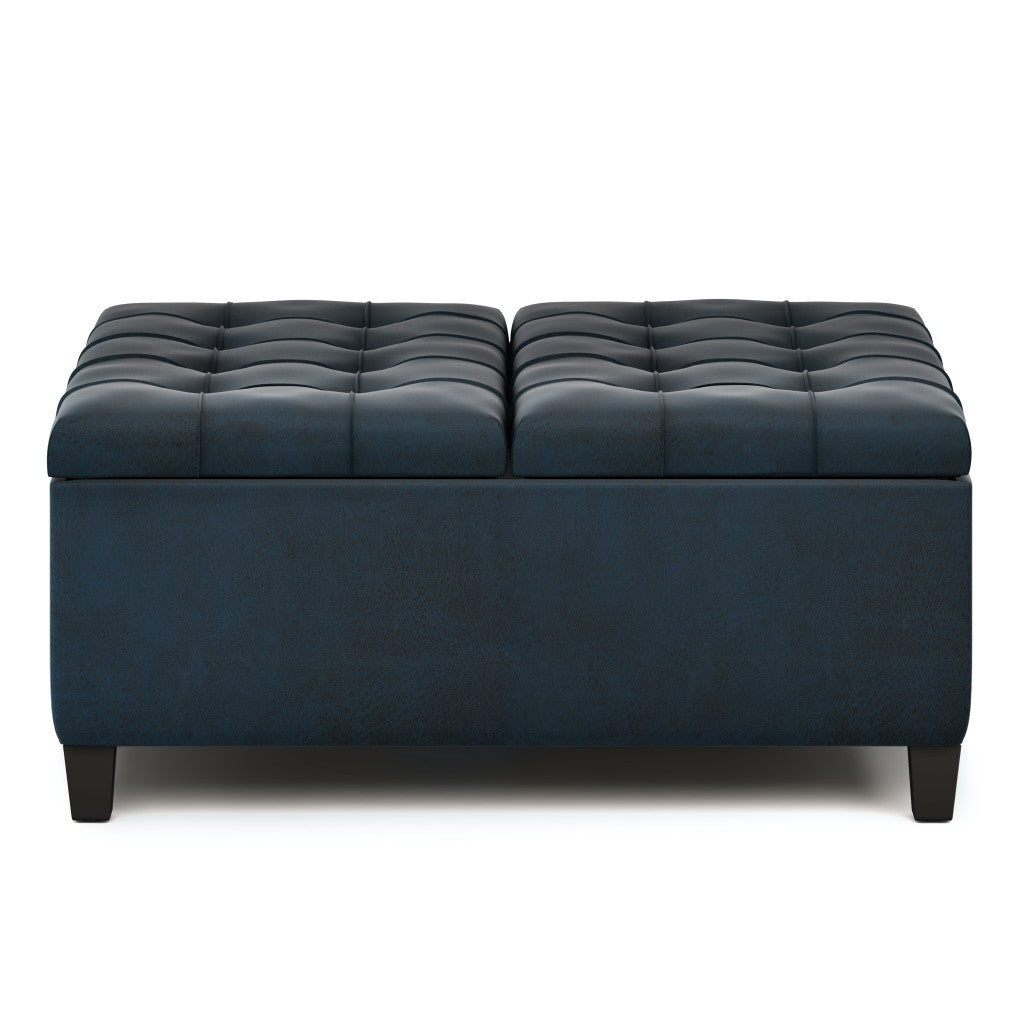 36" Dark Blue And Espresso Faux Leather Tufted Ottoman With Storage
