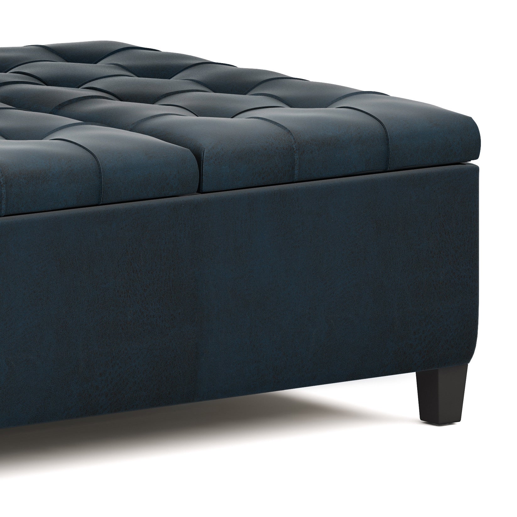 36" Dark Blue And Espresso Faux Leather Tufted Ottoman With Storage