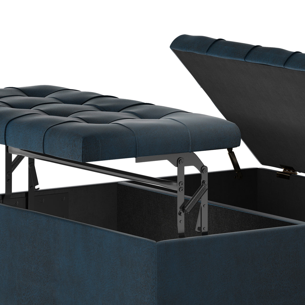 36" Dark Blue And Espresso Faux Leather Tufted Ottoman With Storage