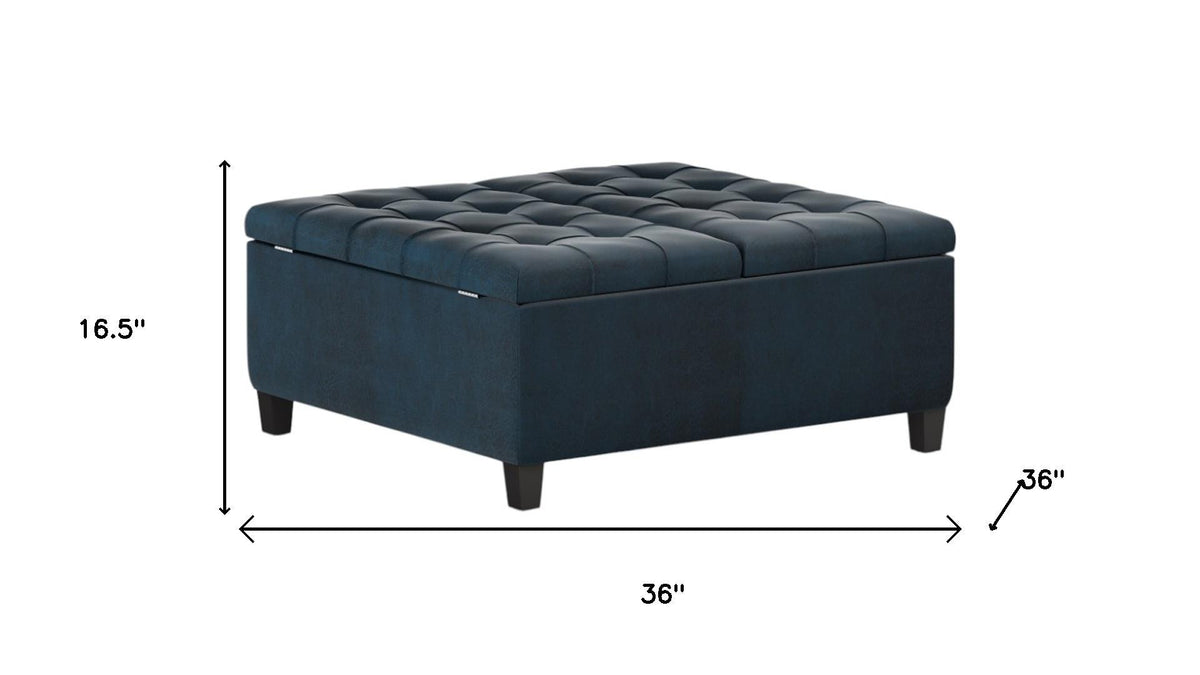 36" Dark Blue And Espresso Faux Leather Tufted Ottoman With Storage
