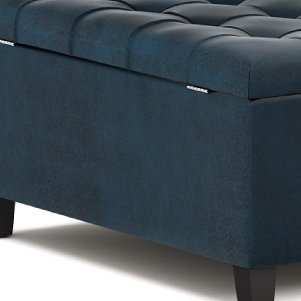 36" Dark Blue And Espresso Faux Leather Tufted Ottoman With Storage