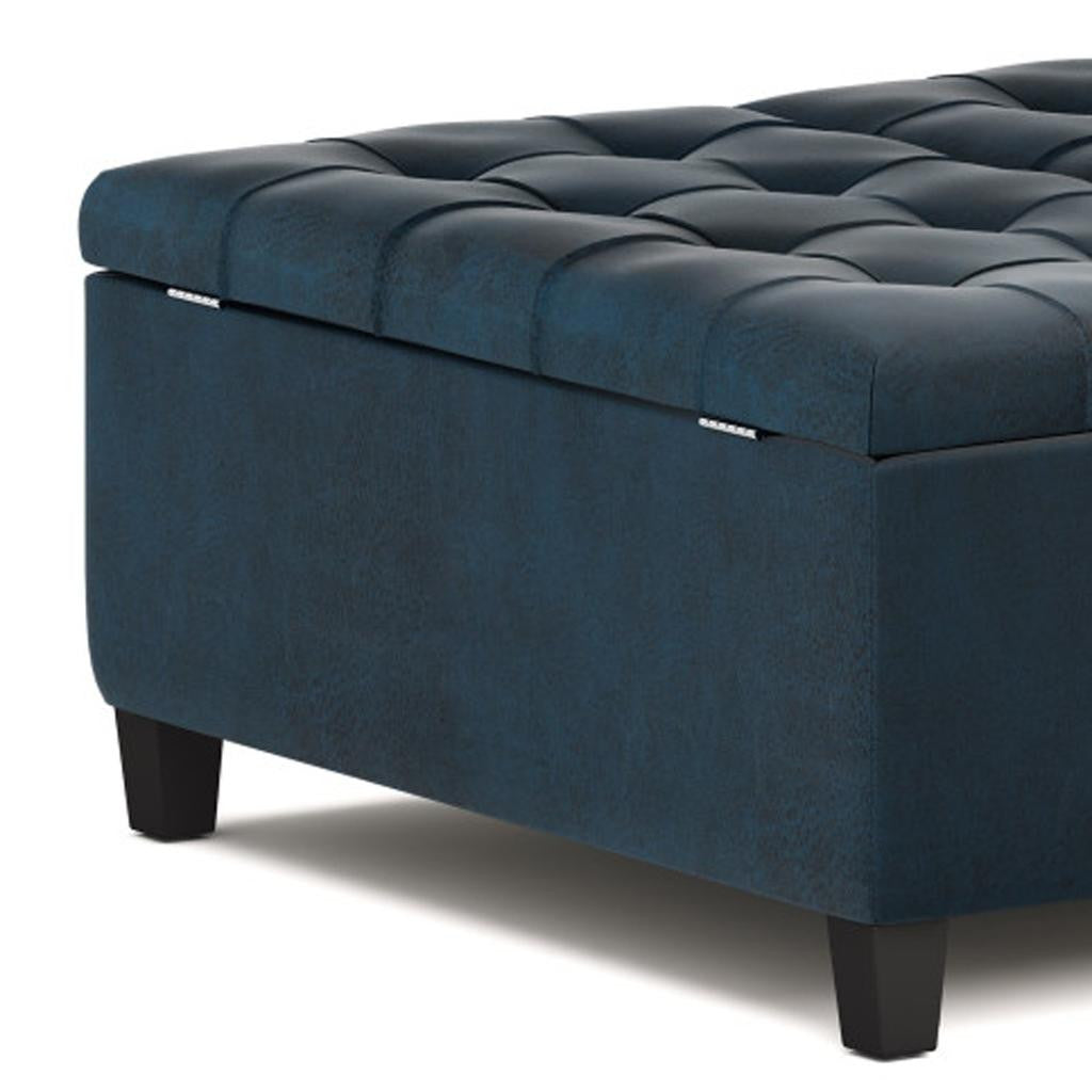 36" Dark Blue And Espresso Faux Leather Tufted Ottoman With Storage