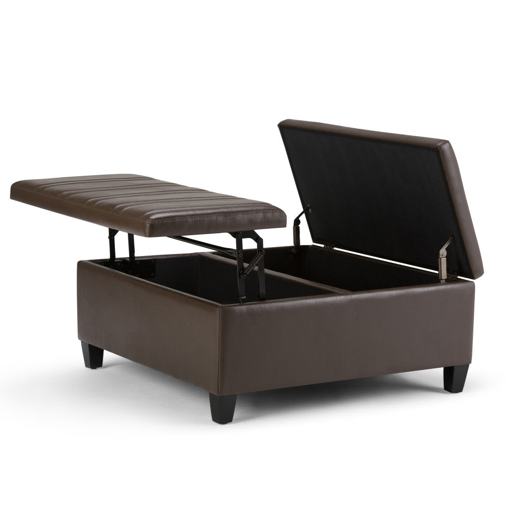 36" Chocolate And Espresso Faux Leather Ottoman With Storage