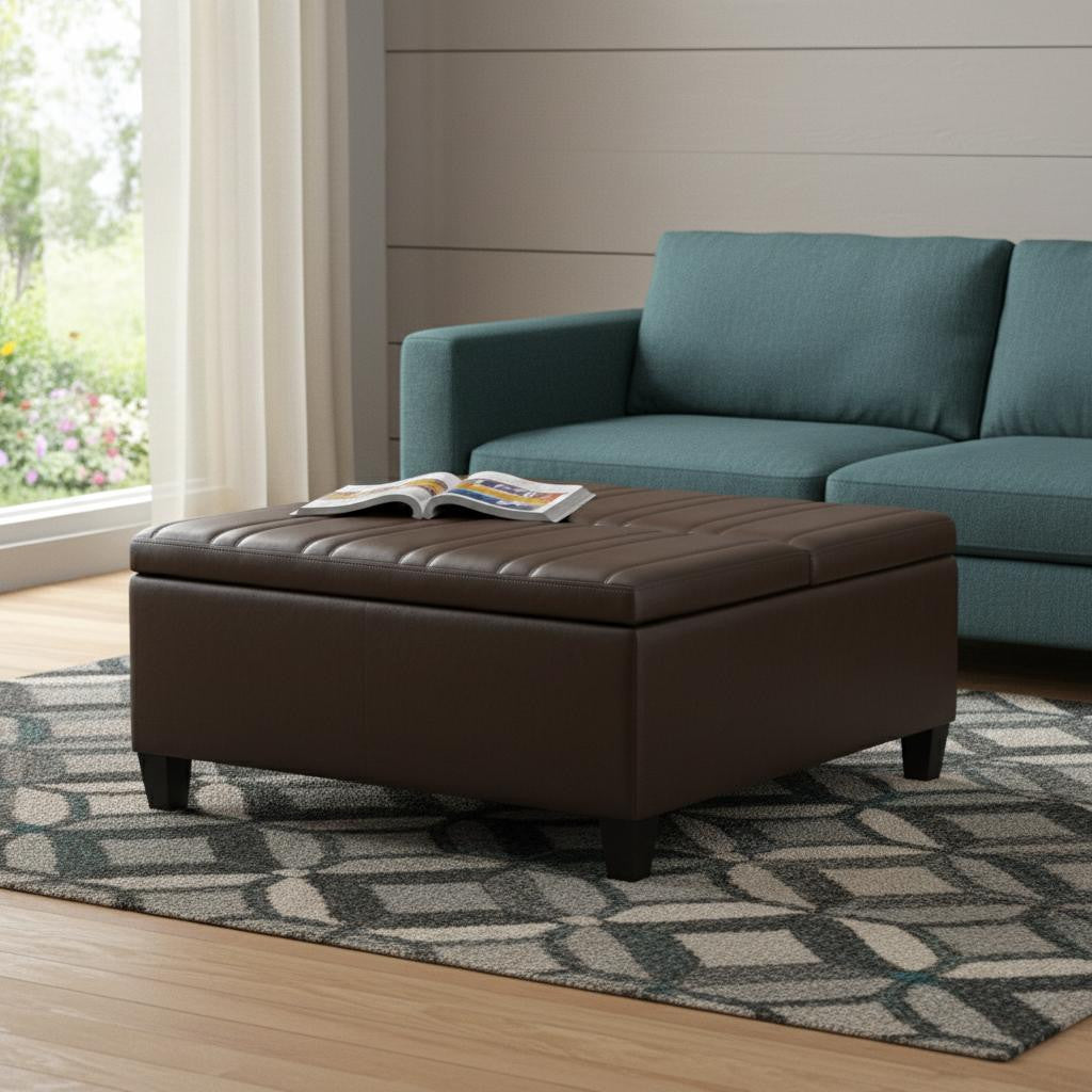 36" Chocolate And Espresso Faux Leather Ottoman With Storage