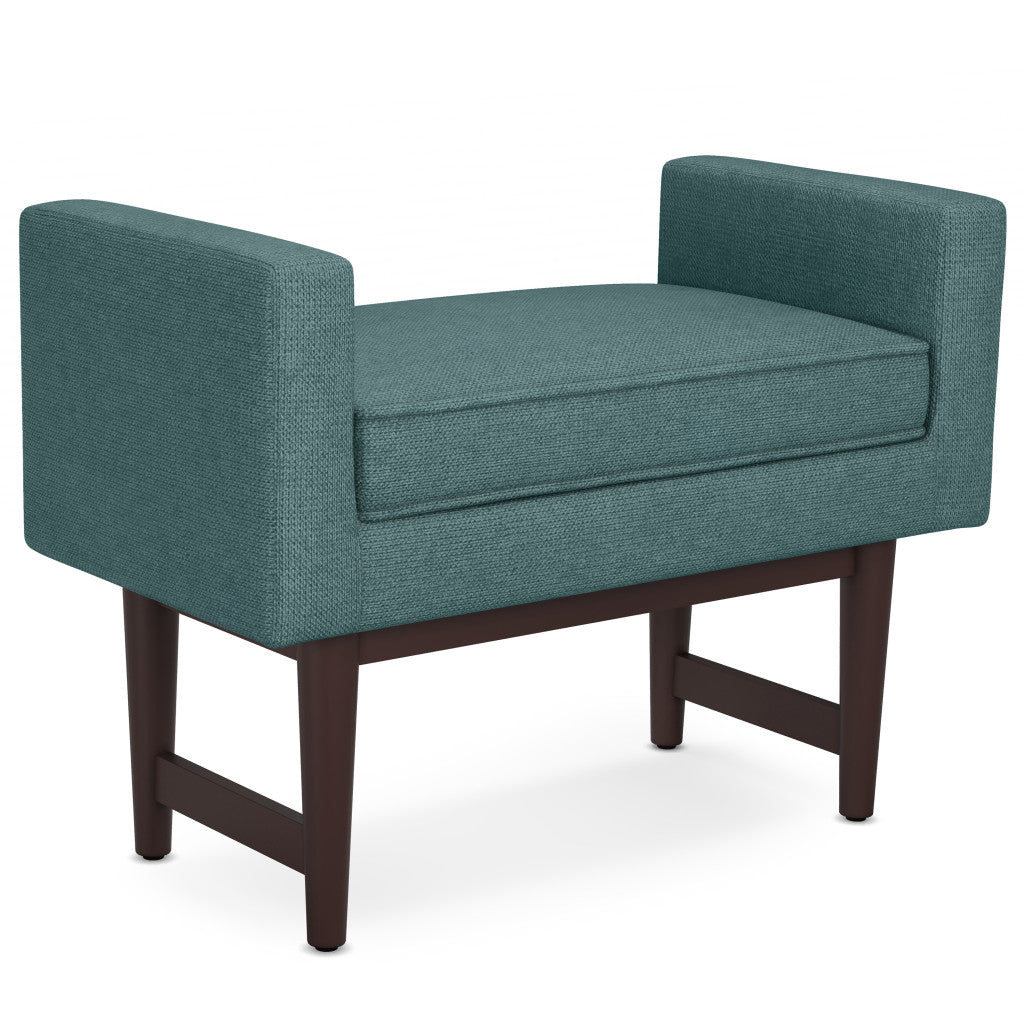 29" Teal Blue And Walnut Linen Ottoman