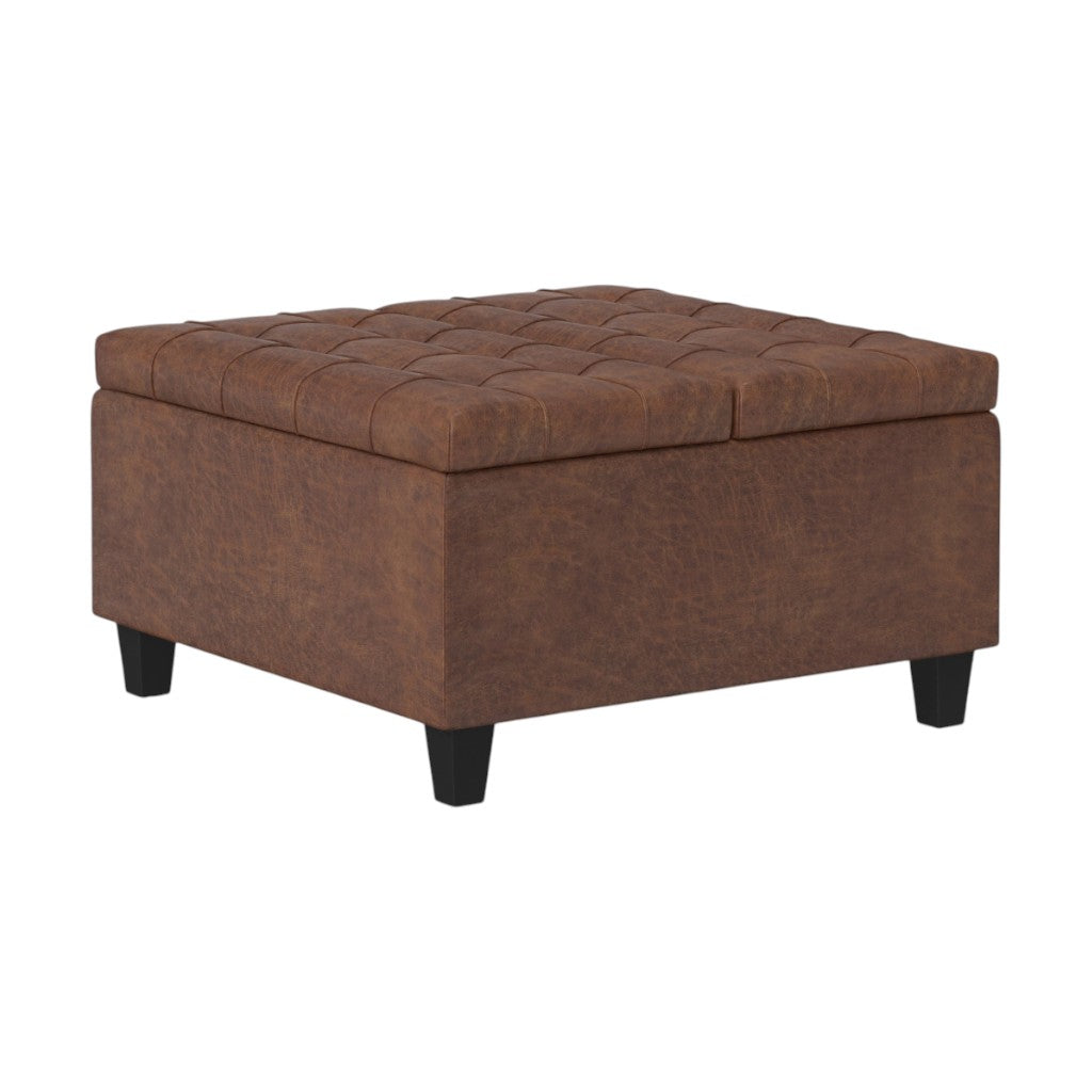30" Brown Faux Leather Tufted Ottoman With Storage