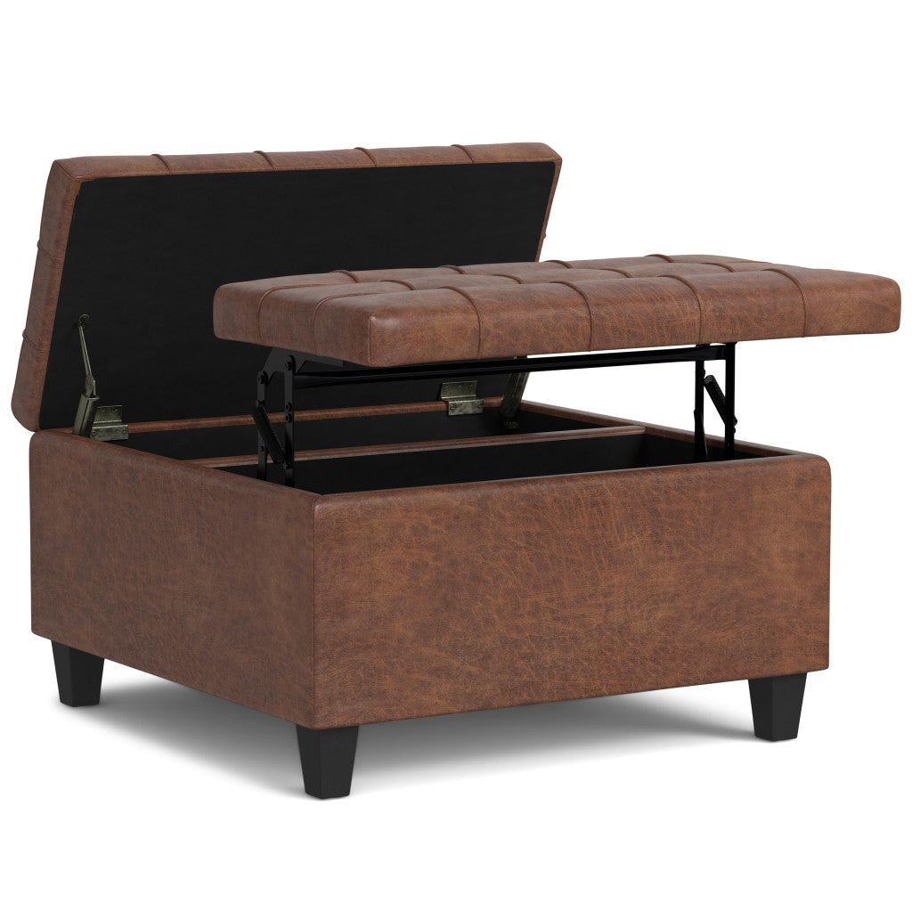 30" Brown Faux Leather Tufted Ottoman With Storage