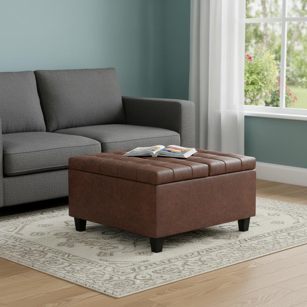 30" Brown Faux Leather Tufted Ottoman With Storage