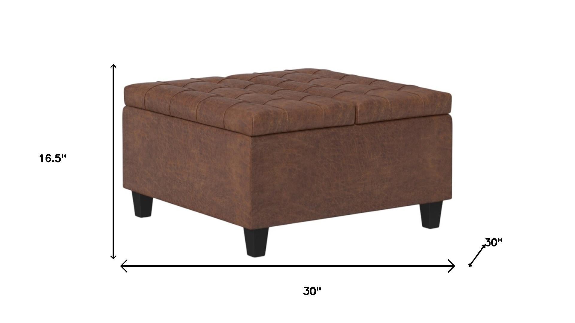 30" Brown Faux Leather Tufted Ottoman With Storage