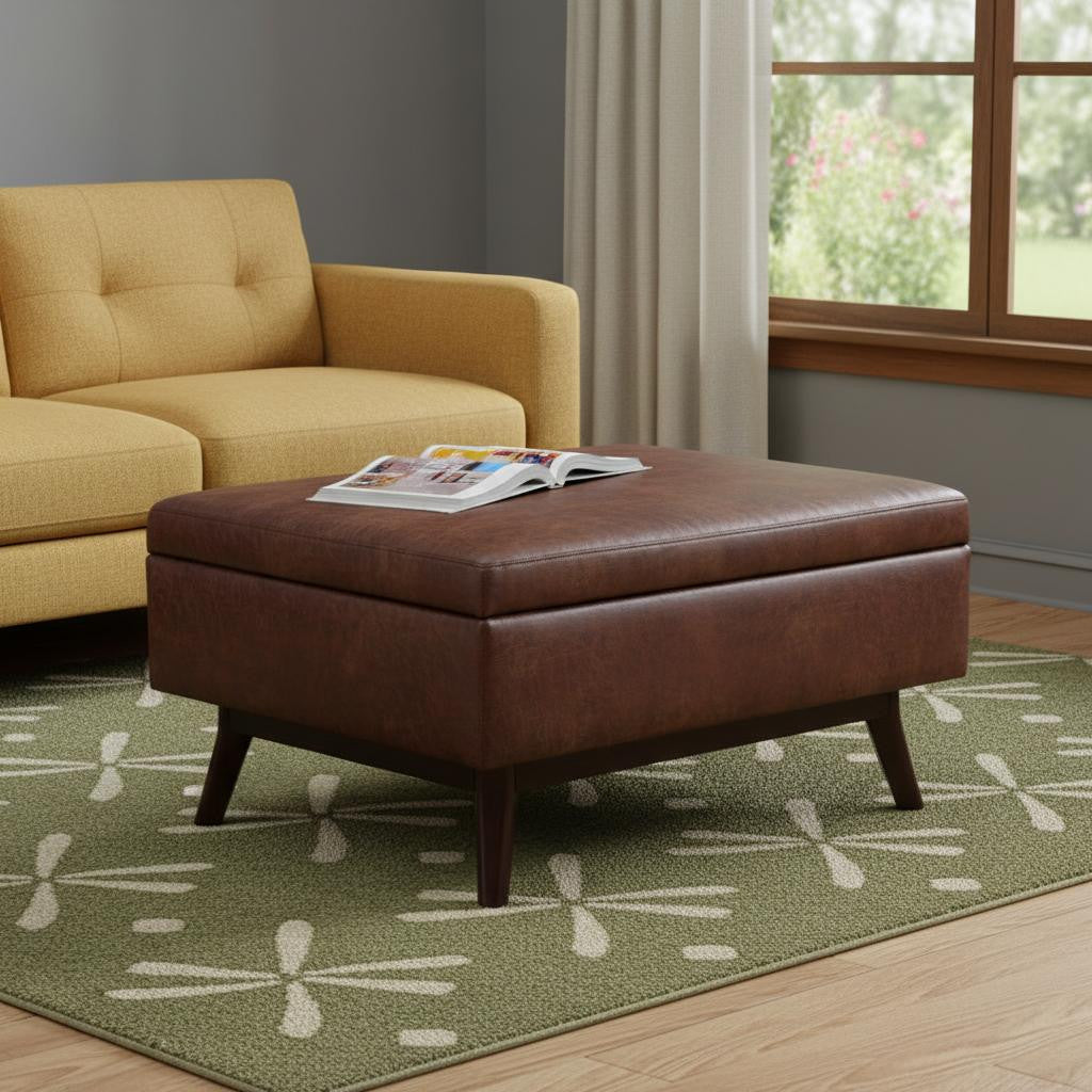 34" Brown Faux Leather Ottoman With Storage