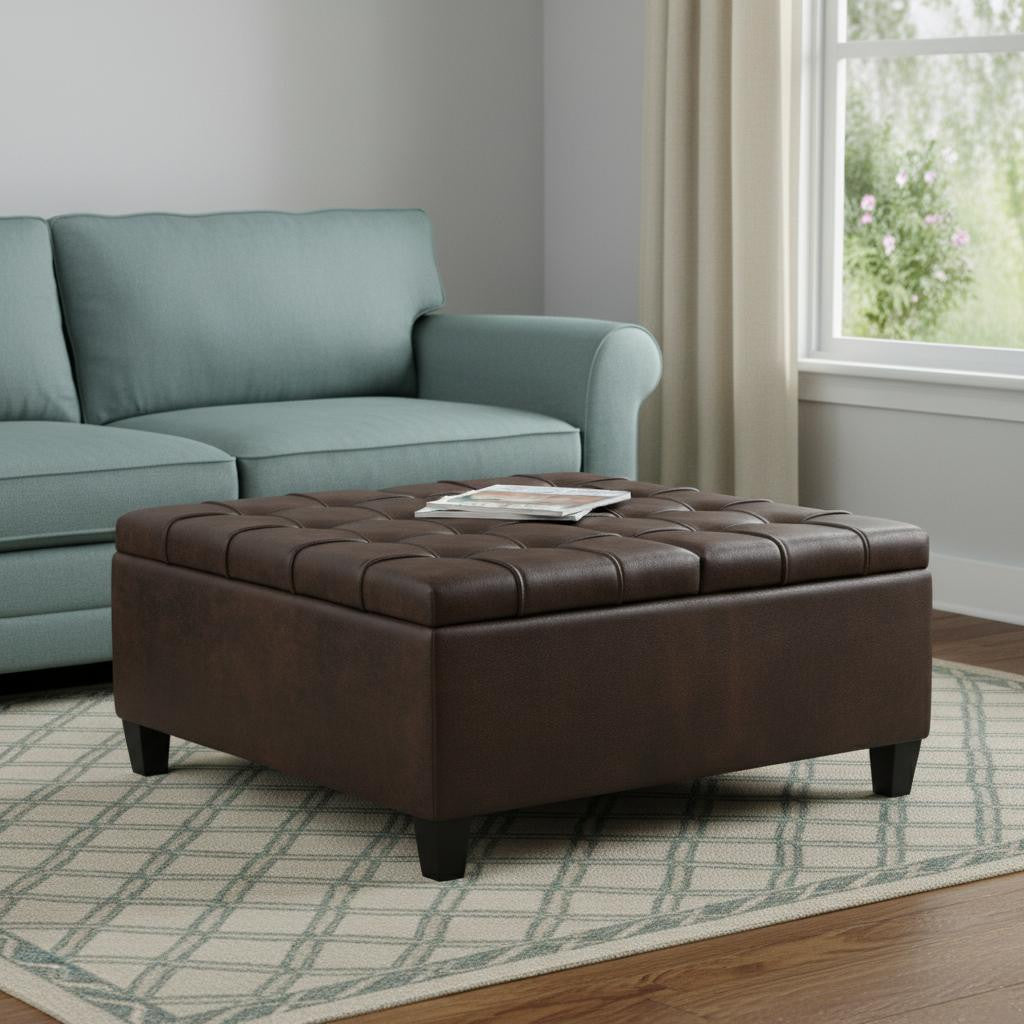 36" Brown And Espresso Faux Leather Tufted Ottoman With Storage