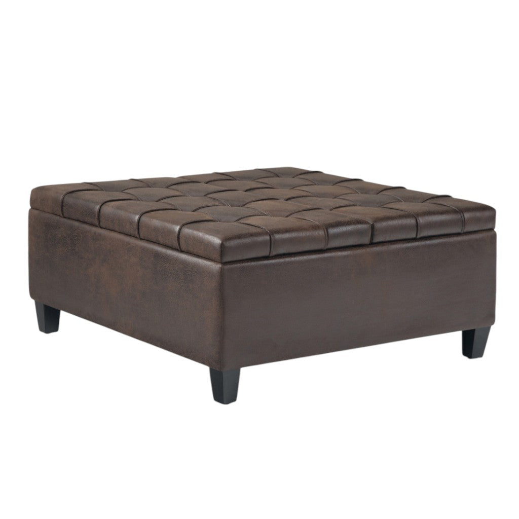 36" Brown And Espresso Faux Leather Tufted Ottoman With Storage