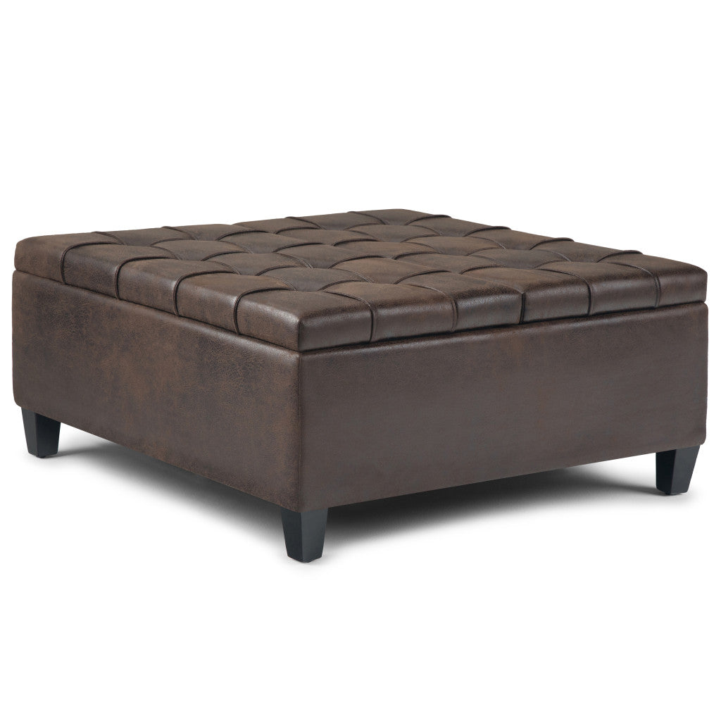 36" Brown And Espresso Faux Leather Tufted Ottoman With Storage