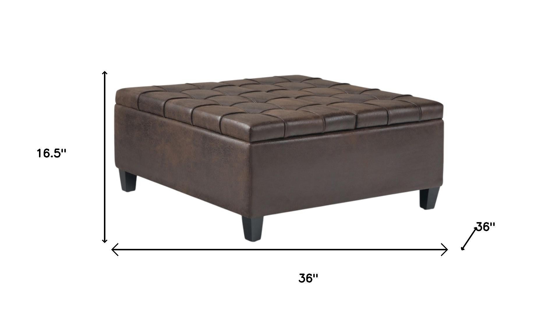 36" Brown And Espresso Faux Leather Tufted Ottoman With Storage
