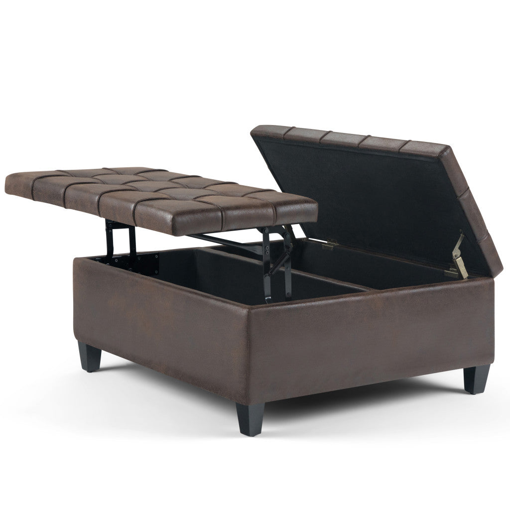 36" Brown And Espresso Faux Leather Tufted Ottoman With Storage