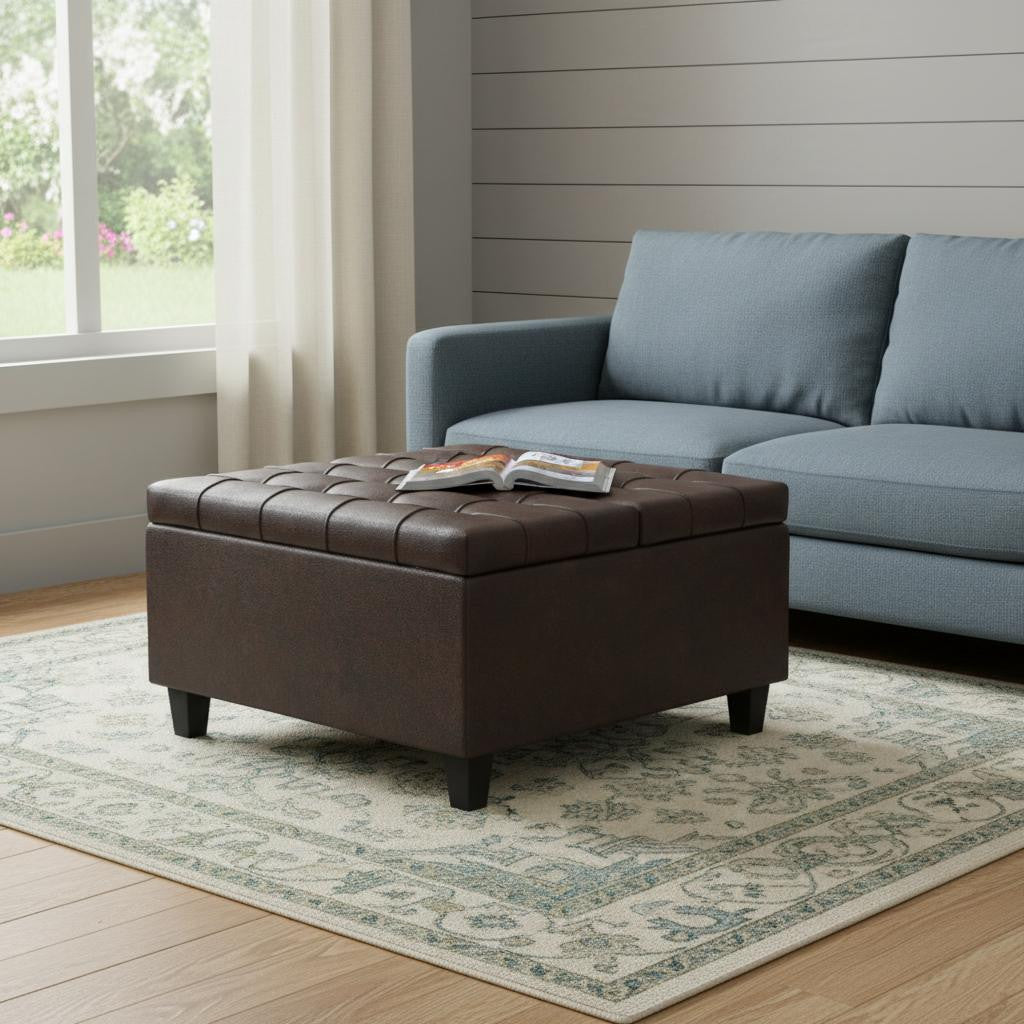 30" Brown Faux Leather Tufted Ottoman With Storage