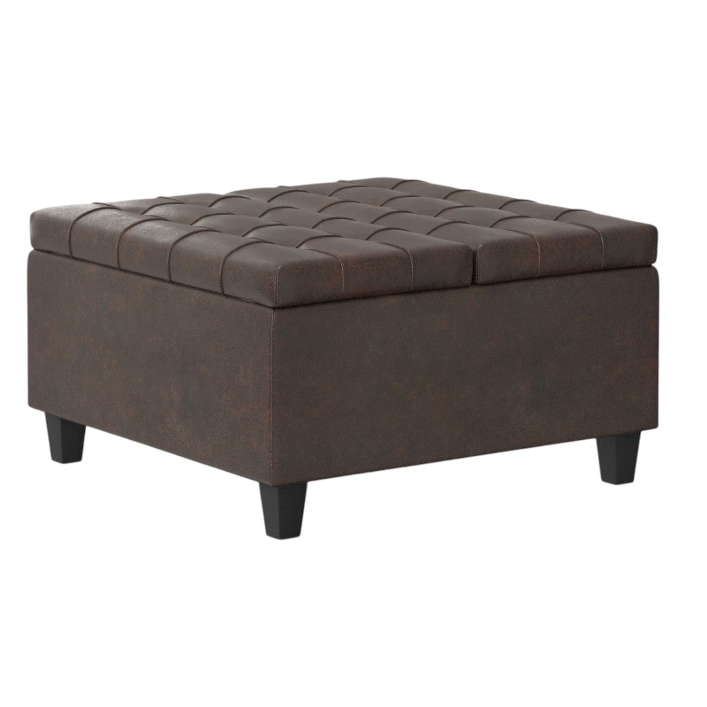 30" Brown Faux Leather Tufted Ottoman With Storage