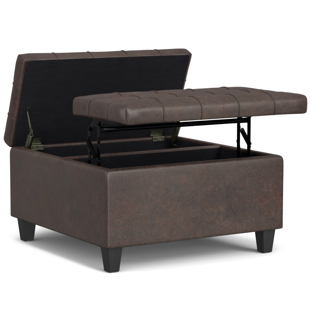 30" Brown Faux Leather Tufted Ottoman With Storage