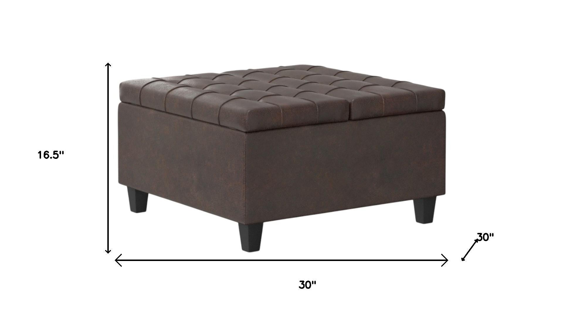 30" Brown Faux Leather Tufted Ottoman With Storage