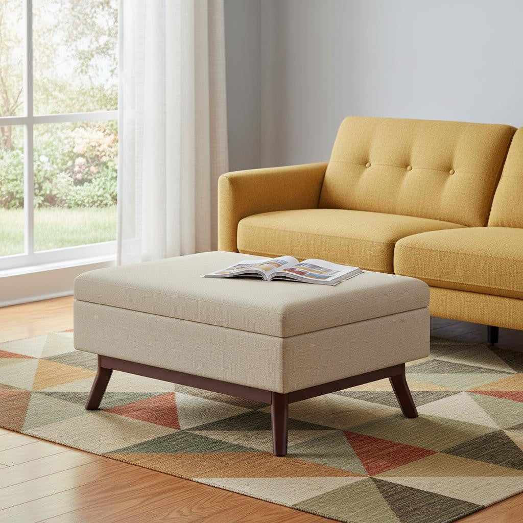 34" Natural And Brown Upholstery Ottoman With Storage
